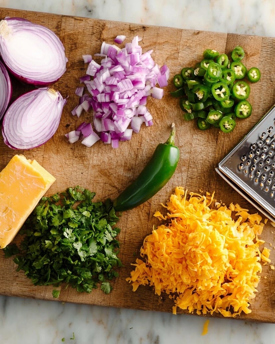 The image shows a wooden board with five ingredients arranged in small piles. Starting from the top left, there are two halves of a purple onion, one whole and one sliced, next to a pile of chopped purple onion pieces. Moving right, there is a small pile of finely chopped green jalapeño and a halved jalapeño with visible seeds. Below the onions, there is a small heap of chopped fresh green cilantro leaves. To the right of the cilantro, there is a heap of shredded bright orange cheddar cheese with a block of cheese partially shredded on a metal grater next to it. The background is a white marbled texture. photo taken with an iphone --ar 4:5 --v 7