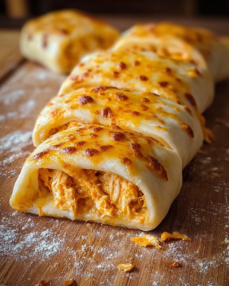 A row of four stuffed dough rolls lies on a brown wooden surface dusted with flour. Each roll has two visible layers: the bottom layer is soft, pale dough, and the top layer is melted cheese browned with golden spots, covering the dough like a blanket. Inside the open end of the closest roll, there is shredded orange-colored filling, making the texture look tender and moist. Small bits of filling have fallen out around the rolls. photo taken with an iphone --ar 4:5 --v 7