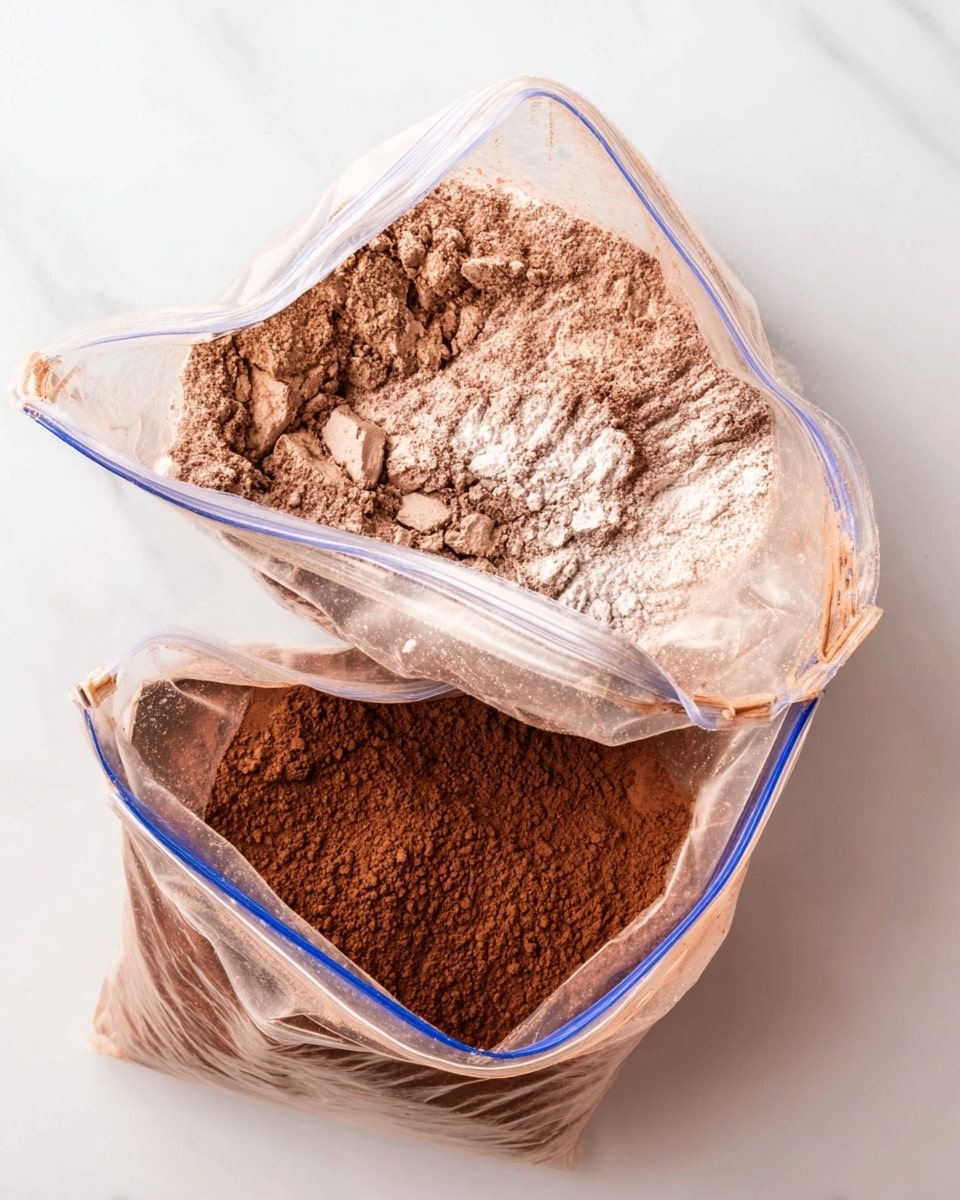 The image shows two clear plastic ziplock bags filled with different powders placed on a white marbled surface. The open bag on top reveals a light brown powder with a soft, crumbly texture inside, surrounded by a darker brown powder that clings to the inside walls of the bag. The bag beneath is fully closed and filled with a smooth, darker brown powder, giving it a slightly shiny and dense look. Both bags are positioned diagonally with the open bag slightly overlapping the closed one. Photo taken with an iphone --ar 4:5 --v 7