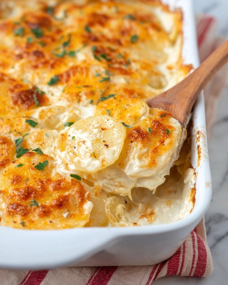 The dish is a cheesy potato casserole served in a white ceramic baking dish. There are multiple layers of thinly sliced white potatoes, creamy white sauce, and melted golden cheese on top, with some browned spots indicating it was baked. Small green parsley leaves are sprinkled across the top layer for a touch of color. A wooden spoon is partially scooping out a serving from the casserole, revealing the soft, creamy layers inside. The background surface is a white marbled texture with a red and white striped cloth partially visible under the dish. Photo taken with an iphone --ar 4:5 --v 7