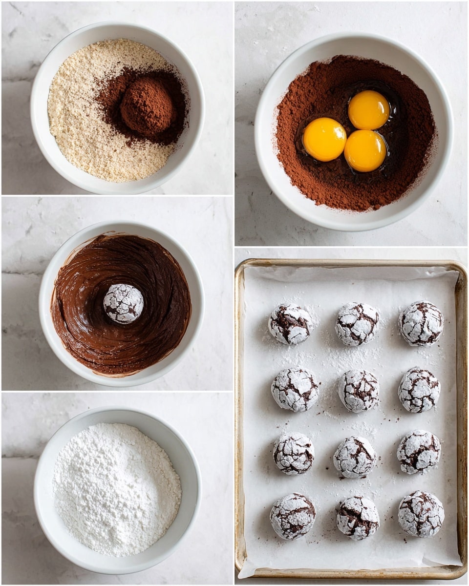 A collage of six images shows the process of making chocolate crinkle cookies on a white marbled surface. The first image shows a white bowl with a grainy light beige mixture on one side and a mound of cocoa powder on the other. The second image shows the same white bowl with the cocoa mixture mixed in and two raw egg yolks sitting on top in the center, surrounded by dark brown batter. The third image shows the white bowl filled with a smooth, rich chocolate brown dough. The fourth image shows a white bowl containing white powdered sugar with a ball of dark chocolate dough placed in the center. The fifth image shows nine small balls of dough coated in powdered sugar, evenly spaced on a baking sheet lined with parchment paper. The sixth image shows the baked cookies on the same sheet, now cracked and textured with white sugar cracks on top of the deep brown cookies, set evenly spaced. Photo taken with an iphone --ar 4:5 --v 7