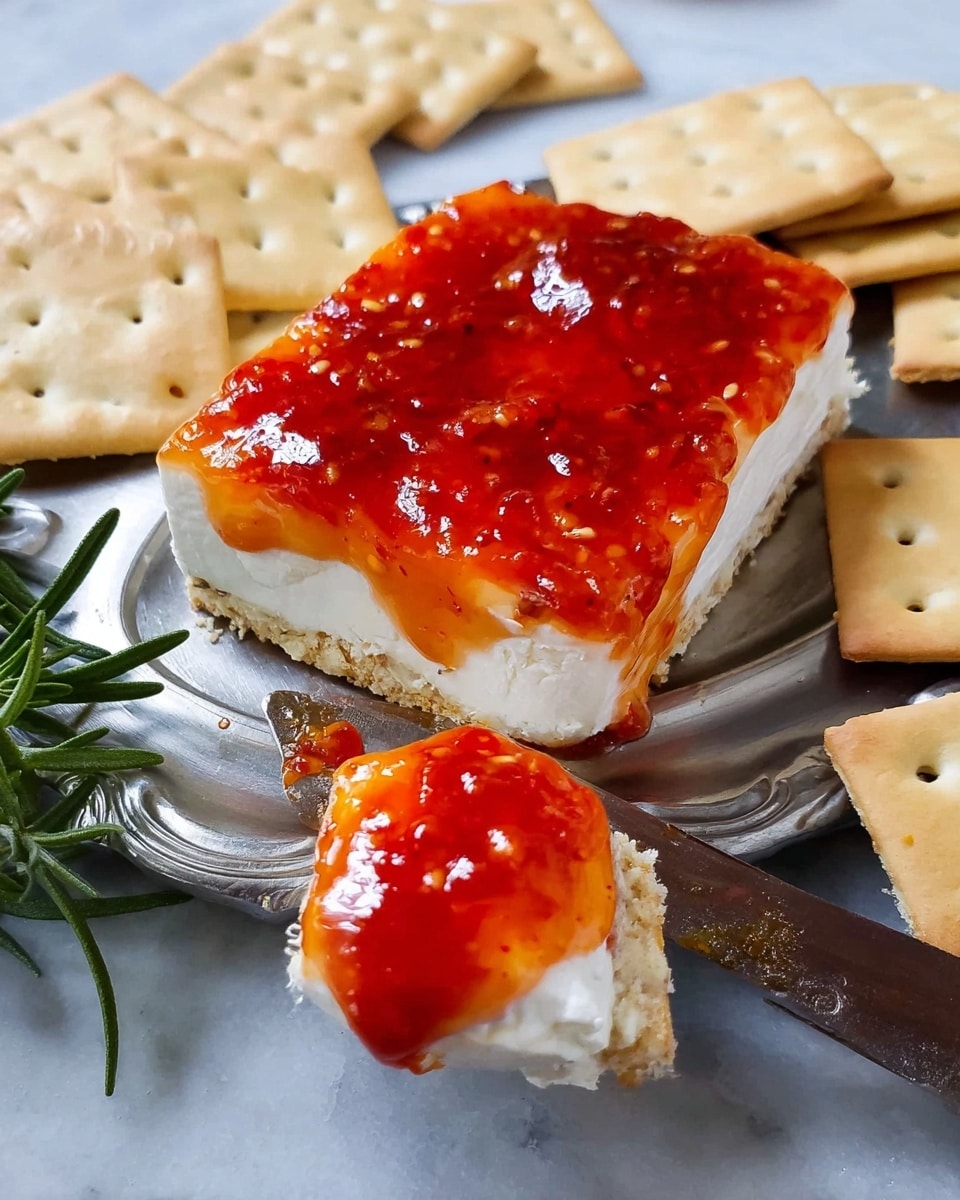 The image shows a small stack of three layers: the bottom layer is a white cream cheese with smooth texture, topped with a thick, bright orange-red chili sauce that looks sticky and slightly shiny. Next to this is a piece of the same cream cheese block, with a glossy layer of the same chili sauce on top, placed on a silver plate with an old knife resting beside it with the blade touching the cheese. Surrounding the cheese and chili sauce are several square crackers with tiny holes, colored light beige, all arranged on a white marbled surface. There is a sprig of fresh green rosemary on the side. Photo taken with an iphone --ar 4:5 --v 7