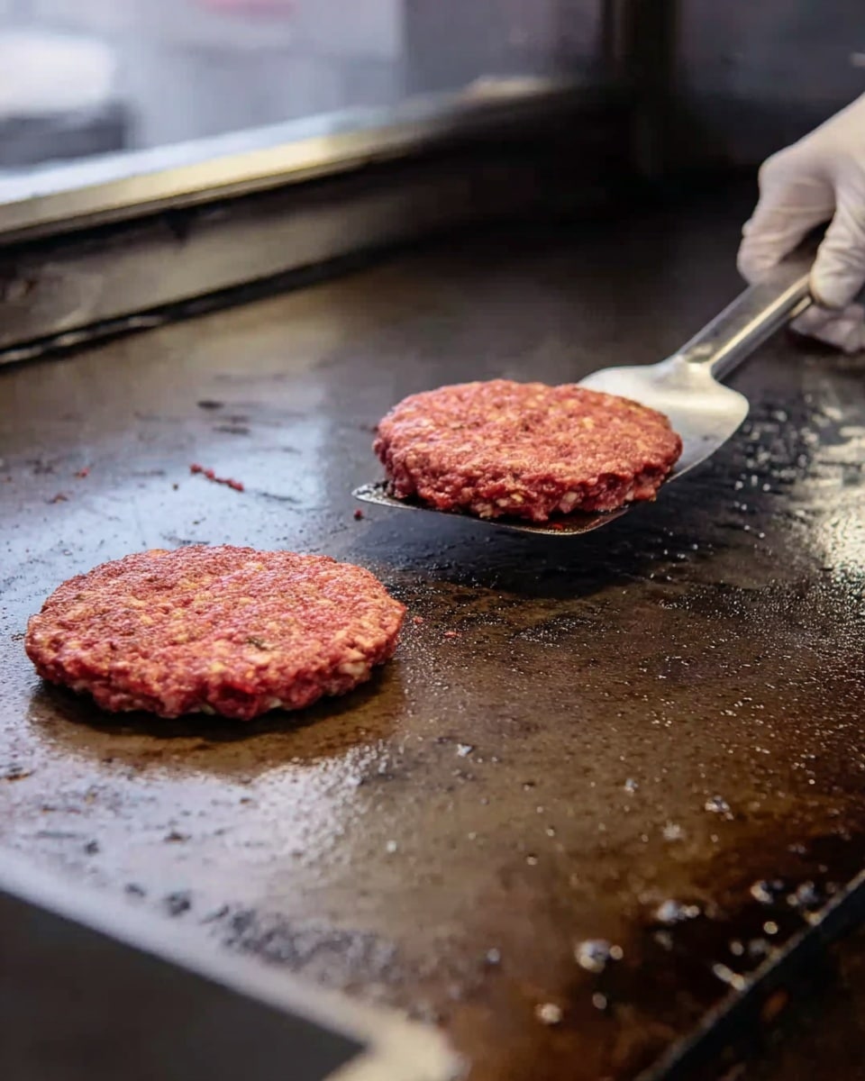 Two raw burger patties are cooking on a large flat metal grill with a shiny, slightly worn surface. One patty is being lifted on the right side by a metal spatula held by a woman's hand wearing a white glove. The patties have a red and brown color with a rough texture showing the shape of ground meat. The background is simple and industrial, focusing on the grill itself. Photo taken with an iphone --ar 4:5 --v 7