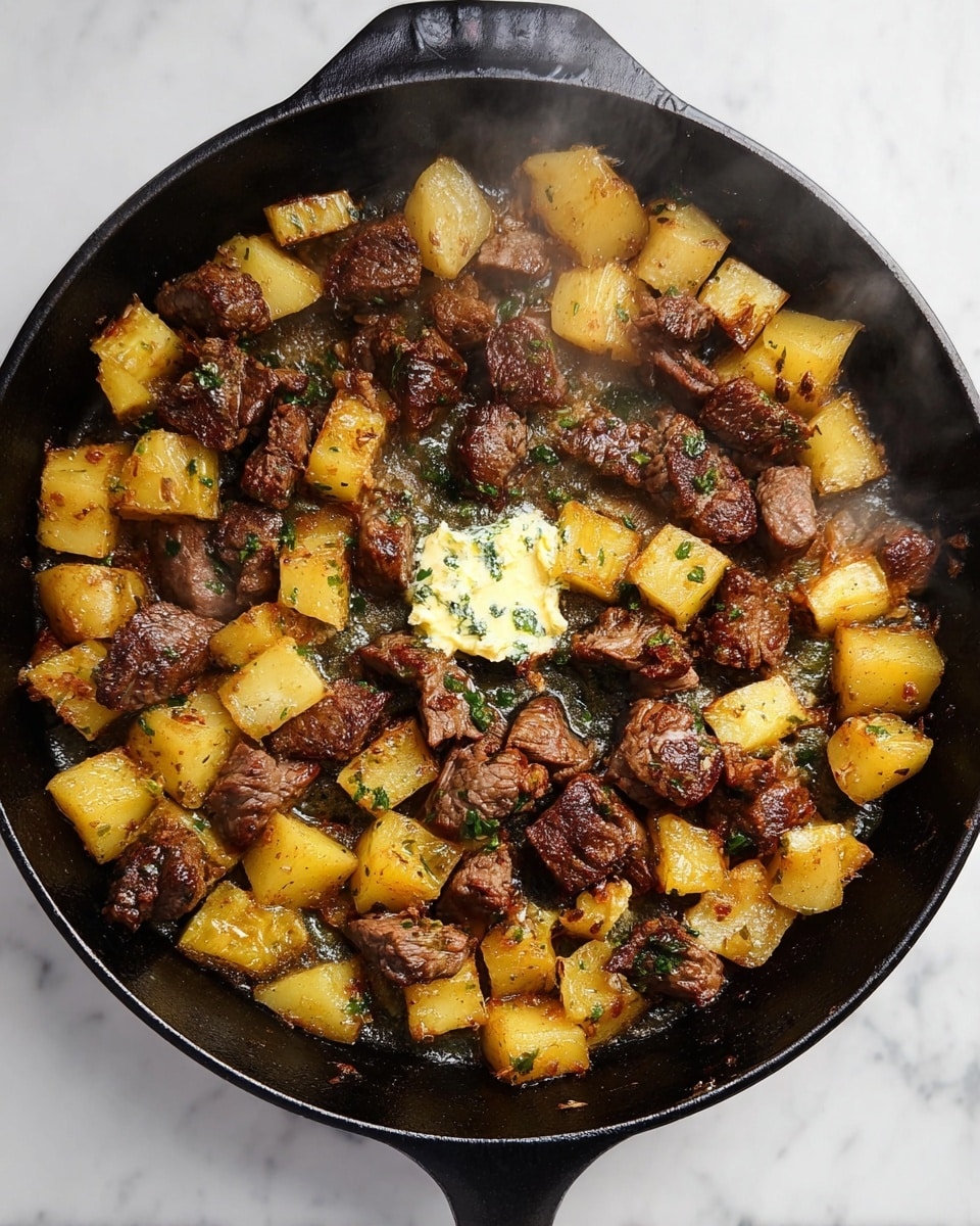 The image shows a black cast iron pan filled with two main layers: the bottom layer has golden-brown cubed potatoes with a slightly crispy texture, and the top layer has dark brown chunks of cooked meat scattered evenly. In the center, there is a small dollop of melting herb butter with green flecks, adding a creamy light yellow contrast to the darker meat. The pan is on a white marbled surface, and steam rises softly from the hot food. Photo taken with an iphone --ar 4:5 --v 7