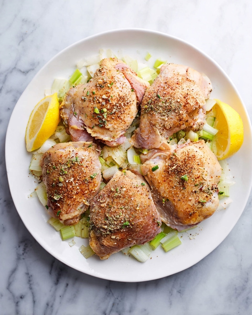 A white plate holds five pieces of raw chicken thighs, seasoned with a mix of spices and small green herb bits, laid out unevenly across the plate. Beneath the chicken, there is a bed of pale green chopped celery and white onion pieces. Two lemon halves, one partially squeezed and the other whole, are placed on the top right and bottom right sides of the plate. The plate rests on a white marbled surface. photo taken with an iphone --ar 4:5 --v 7