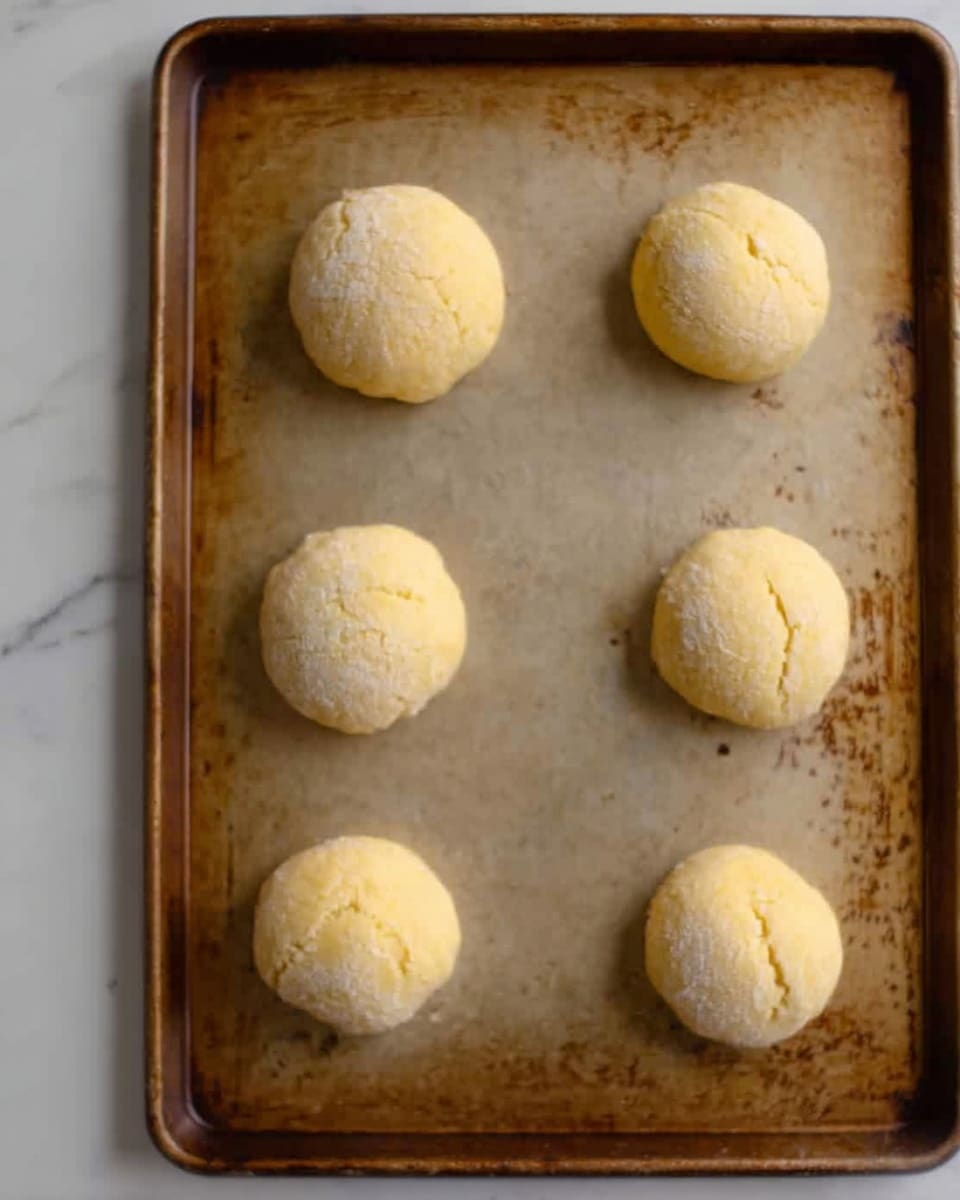 The image shows six round dough balls arranged on a well-used baking tray with visible brown marks. The dough balls are light golden-yellow in color with a slightly cracked surface texture. They are evenly spaced, with five placed near the edges and one in the center. The background is a white marbled surface. photo taken with an iphone --ar 4:5 --v 7