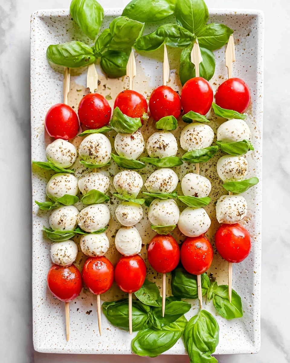 The image shows a rectangular white platter with a slightly speckled texture holding a neat arrangement of Caprese skewers. Each skewer has three layers: a smooth white mozzarella ball on top sprinkled with black pepper, a bright green basil leaf in the middle, and a shiny red cherry tomato at the bottom. The skewers have small wooden sticks piercing through all three layers vertically. The platter sits on a white marbled surface, and fresh green basil leaves decorate around the platter. photo taken with an iphone --ar 4:5 --v 7