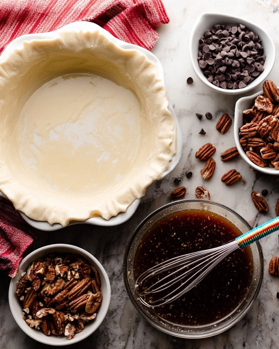 The image shows a white pie crust in a white pie dish on the left side, uncooked and ready to be filled. To the right is a glass bowl with a dark brown liquid mixture containing small light bits, with a colorful whisk resting inside. Above and to the left of the bowl is a small white bowl filled with dark chocolate chips, and to the right and slightly above is a glass bowl with pecan halves. Scattered pecans and chocolate chips are also visible on a white marbled surface. A red and white striped cloth is partially seen in the top left corner. photo taken with an iphone --ar 4:5 --v 7