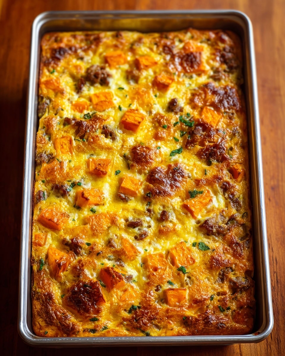 The dish is a baked casserole in a white rectangular pan, filled with layers of golden brown melted cheese on top, scattered cubes of orange sweet potatoes, small pieces of browned meat, and some green vegetable bits visible throughout. The surface is bubbly and slightly browned in spots with a creamy texture holding the ingredients together. The pan is placed on a wooden table, with a soft focus white marbled kitchen background. Photo taken with an iphone --ar 4:5 --v 7