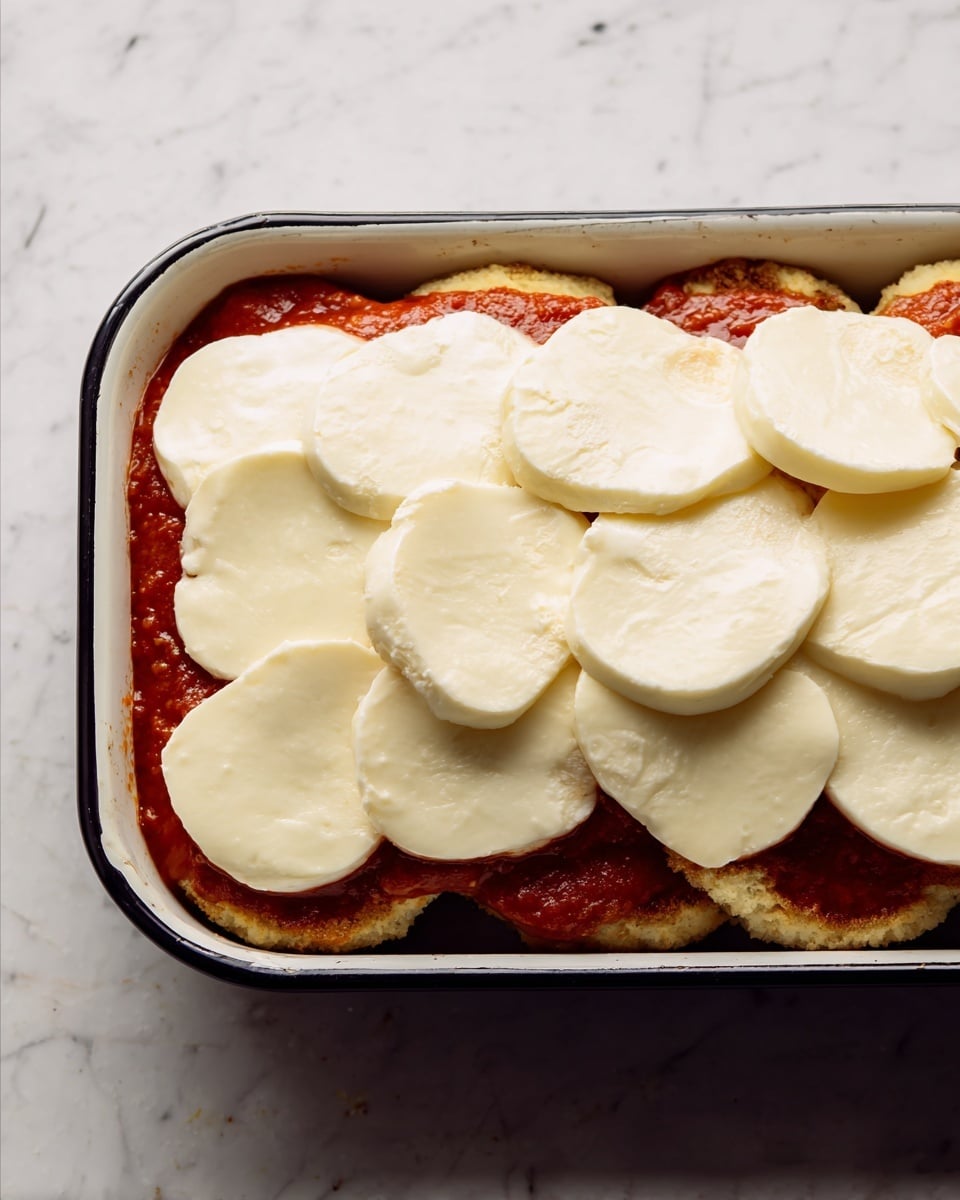 The image shows the corner of a white baking dish with black edges on a white marbled surface, filled with layers of food. The bottom layer looks like golden brown patties that are slightly rough in texture. On top of the patties is a thick red sauce, spread evenly. The top layer consists of smooth, round slices of white cheese, arranged to cover the sauce completely, with some slices overlapping. Photo taken with an iphone --ar 4:5 --v 7