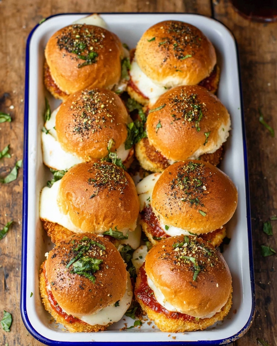 This image shows nine sandwiches arranged closely together in a white enamel tray with a blue rim, placed on a wooden surface. Each sandwich has three visible layers: at the bottom, a golden-brown crispy fried patty; in the middle, a layer of red sauce topped with a white melted cheese slice; and on top, a shiny golden-brown round bun sprinkled with small green herb flakes and black pepper spots. The buns look soft with a light toasted crust. Some green herbs are scattered on the tray around the sandwiches. Photo taken with an iphone --ar 4:5 --v 7