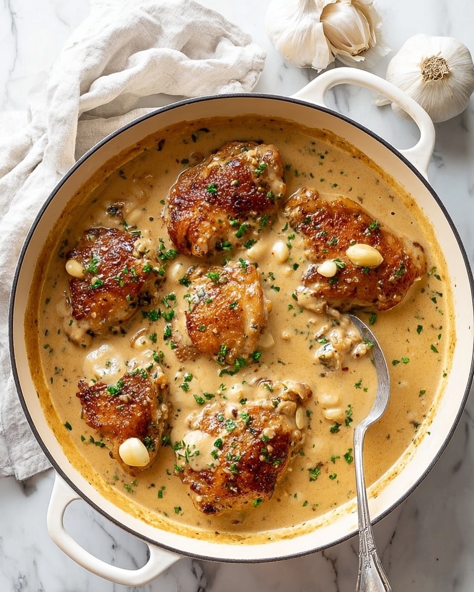 A large white cast iron pan filled with five browned chicken pieces covered in thick beige sauce, with small whole garlic cloves scattered among them; the sauce looks creamy and speckled with herbs, and a silver spoon rests in the pan dipping slightly into the sauce near the chicken on the right side; there are small green herb pieces sprinkled over the sauce, and the pan sits on a white marbled surface with a crumpled white cloth to the top left and three garlic bulbs to the top right; photo taken with an iphone --ar 4:5 --v 7