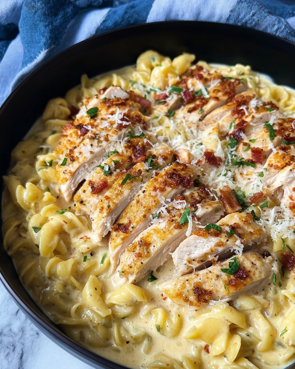 A close-up view of a black bowl filled with creamy pasta and sliced cooked chicken on top. There are two clear layers: the bottom one is smooth, light yellow creamy pasta with spiral shapes covered in sauce, and the top layer is tender chicken slices, light golden brown with some seared edges and white insides, all sprinkled with grated cheese and small green herb leaves. The dish shows a rich and soft texture with a mix of creamy and slightly crispy parts. The whole bowl sits on a white marbled surface with part of a blue and white cloth visible in the background. Photo taken with an iphone --ar 4:5 --v 7