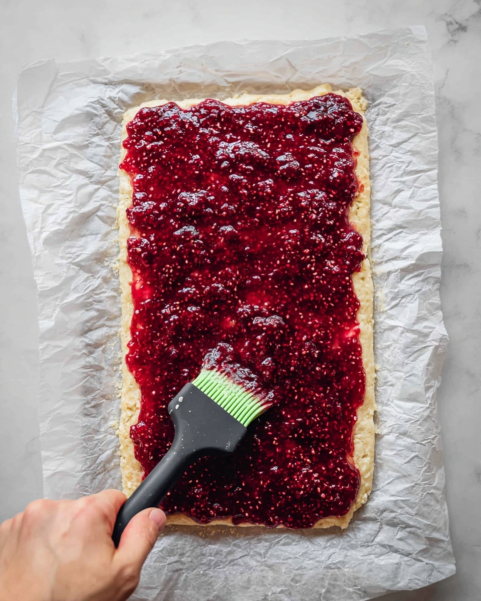 A close-up top view of a rectangular cracker or crispbread with one thick, shiny layer of deep red raspberry jam spread evenly on top, showing visible seeds and a slightly textured surface. A green spatula with a black handle is held by a woman's hand in the lower right corner, spreading the jam onto the crispbread. The crispbread rests on crinkled white parchment paper, all set against a white marbled textured background photo taken with an iphone --ar 4:5 --v 7