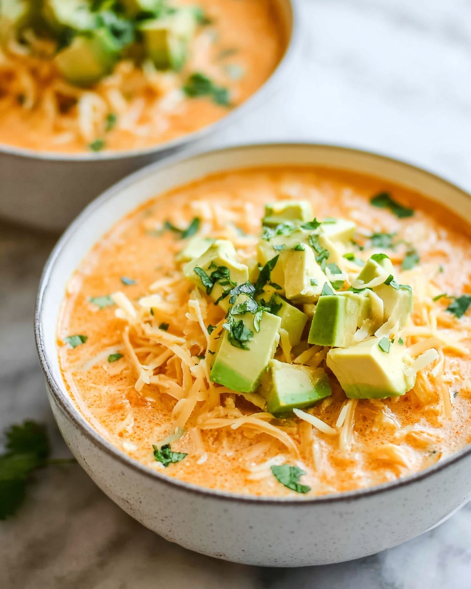 The image shows two white bowls filled with creamy soup as the base layer, light orange in color with a smooth texture. On top of the soup is a layer of shredded cheese that looks like a mix of white and yellow cheese, adding a slightly stringy texture. Scattered on the cheese are chunky cubes of green avocado, providing a fresh and soft contrast. There are small green cilantro leaves sprinkled over the avocado and cheese, adding a bright green color and texture. The bowls are placed on a white marbled surface, and the photo is taken up close with a soft focus on the background bowl, highlighting the front bowl in sharp detail photo taken with an iphone --ar 4:5 --v 7