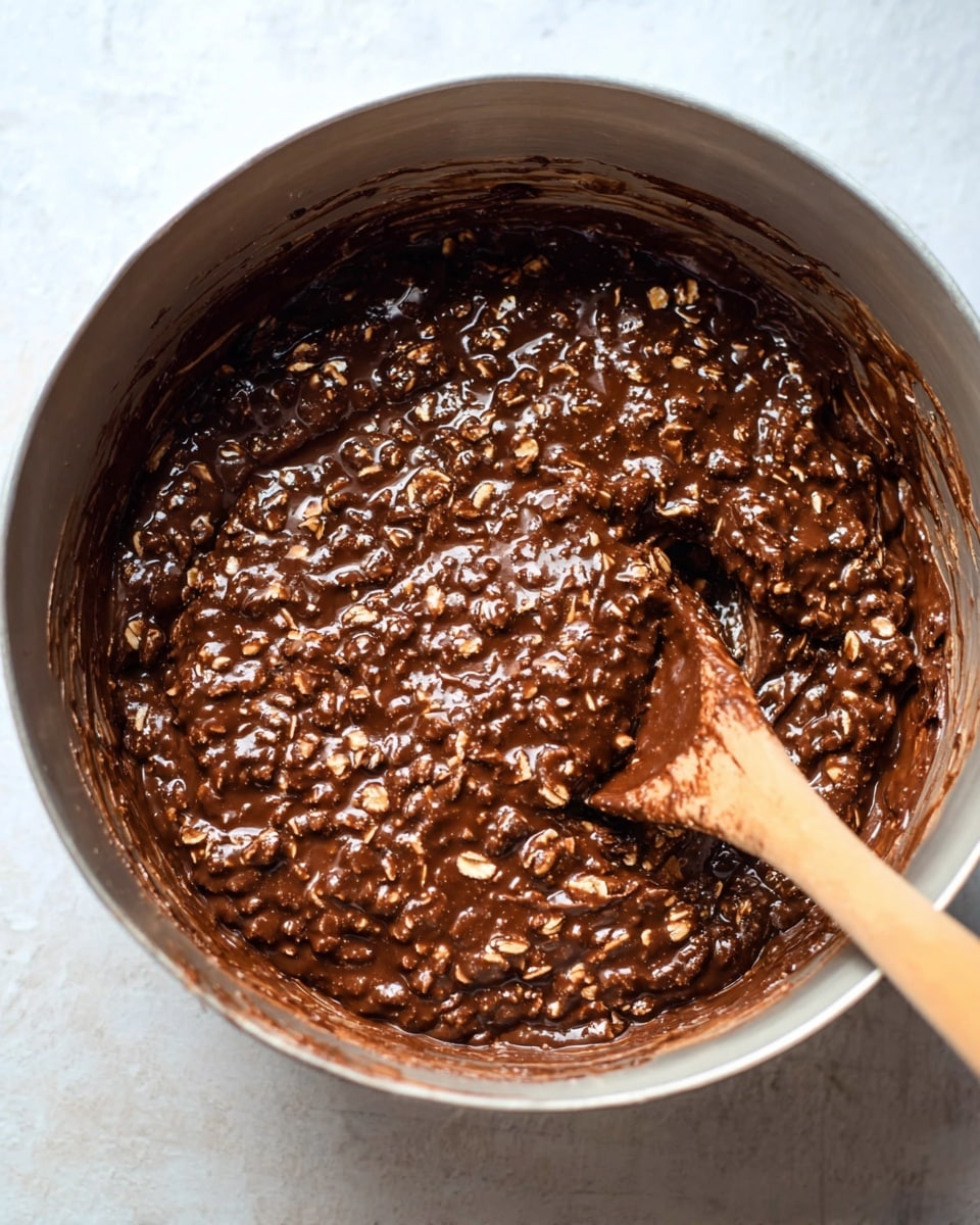 The image shows a close-up view of a single layer of thick, dark brown chocolate mixture with visible oat pieces throughout. The mixture has a glossy and slightly chunky texture, stirred inside a silver metal bowl placed on a white marbled surface. A wooden spoon coated with the chocolate oat mix rests inside the bowl, partially submerged on the right side. The colors vary from deep brown to lighter brown where the oats are visible. Photo taken with an iphone --ar 4:5 --v 7