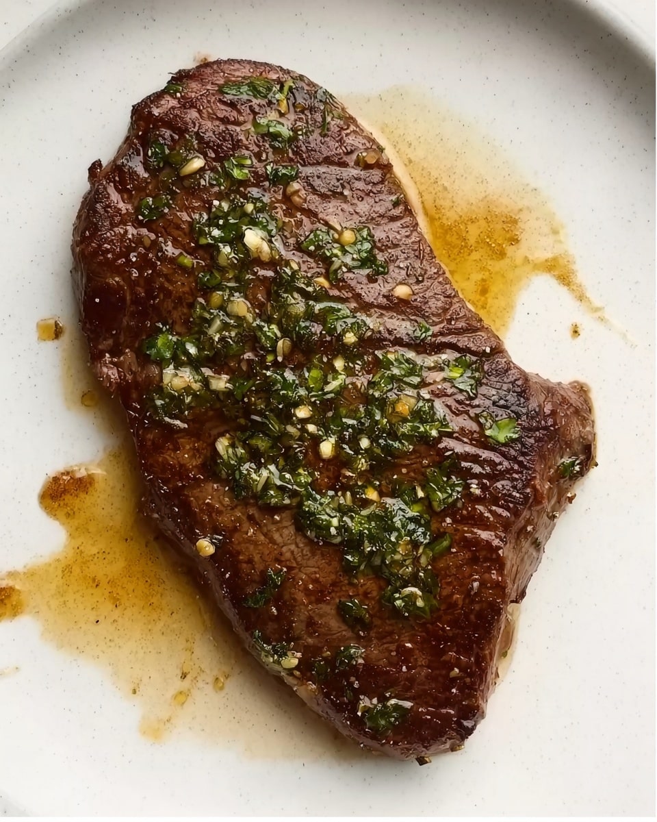 A single cooked steak rests on a white plate over a white marbled surface. The steak has a dark brown seared crust with a slightly shiny texture, showing small bits of green herbs and minced garlic spread evenly on top. Some light brown drippings and small spots of oil surround the steak on the plate, adding a slight sheen and moisture effect. The overall look is simple and natural, focusing on the well-cooked meat. photo taken with an iphone --ar 4:5 --v 7