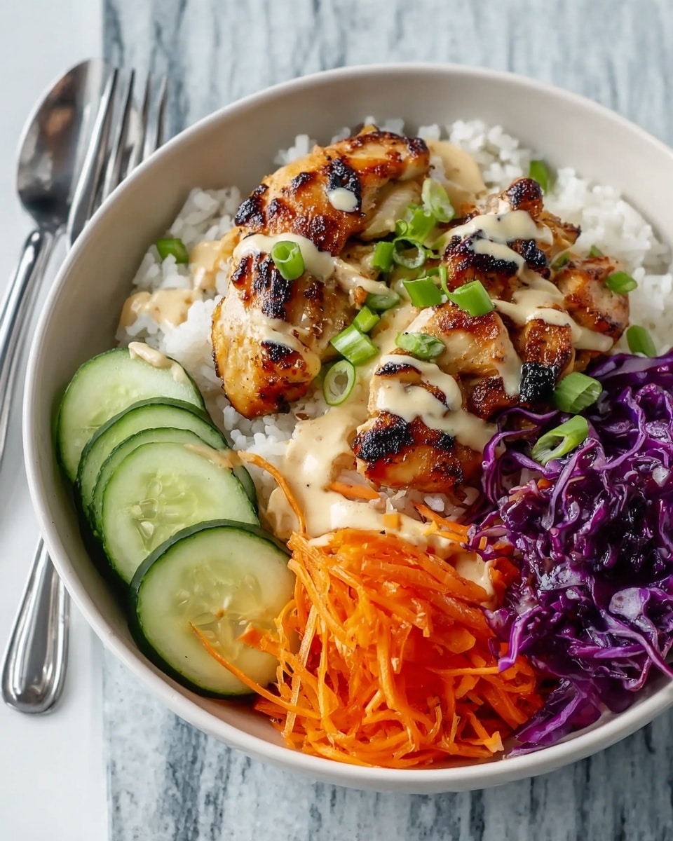 A white bowl filled with three main layers: at the bottom is a bed of white rice with soft texture, on top are pieces of browned grilled chicken showing some dark char marks, and the chicken is drizzled with a smooth, light cream-colored sauce. On the left side of the bowl, thin green cucumber slices add a fresh contrast, and green onion slices are scattered over the chicken, adding small pops of bright green. The whole bowl sits on a white marbled surface, and the photo is taken with an iphone --ar 4:5 --v 7