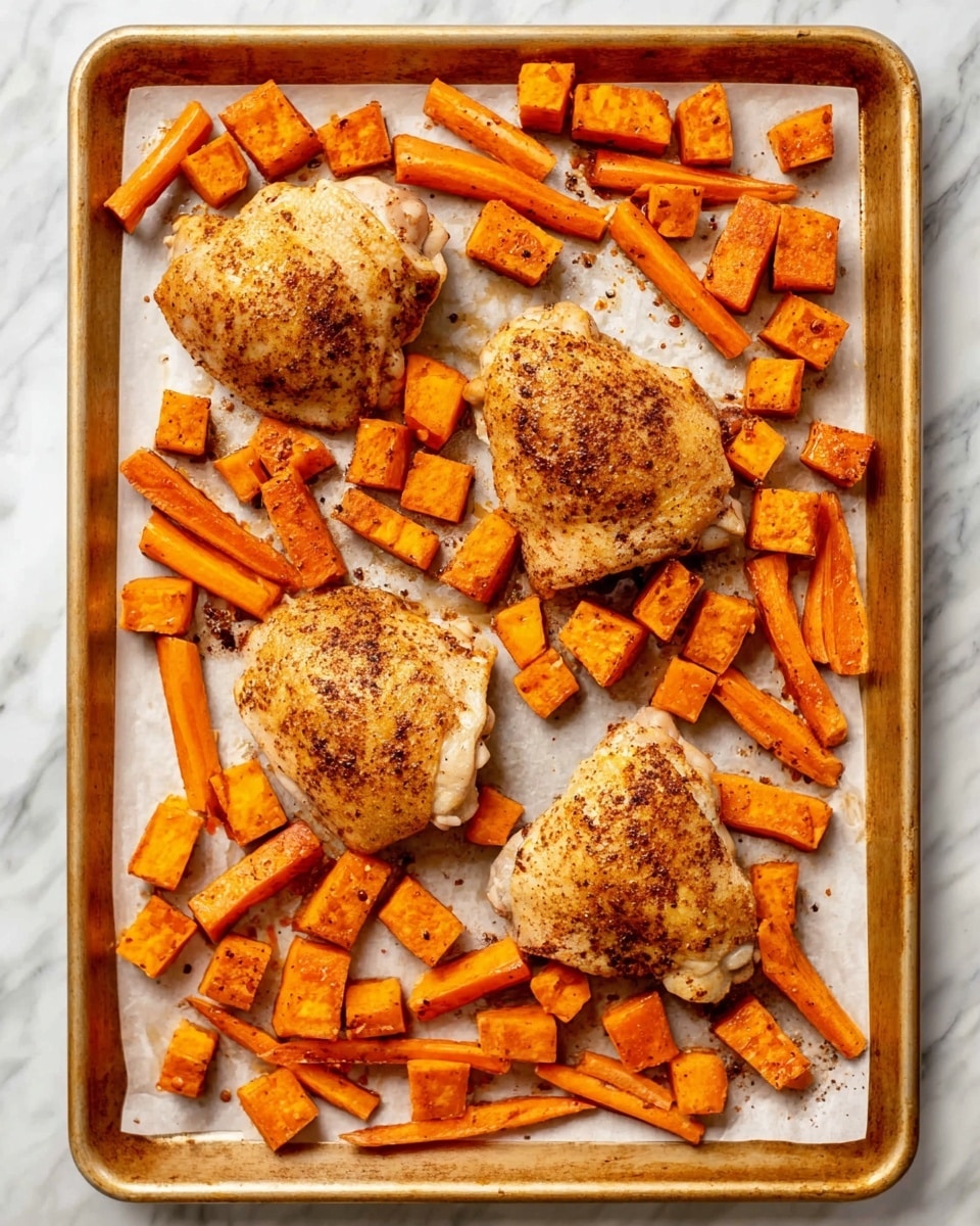A gold baking tray lined with white parchment paper holds three seasoned, cooked chicken thighs that are light brown with darker spice specks, placed near the center and bottom left and right of the tray. Scattered around the chicken are bright orange carrot sticks and cubed sweet potatoes, appearing roasted with slight browning and seasoning visible on their surfaces. The tray edges are visible, and the background shows a white marbled texture. photo taken with an iphone --ar 4:5 --v 7
