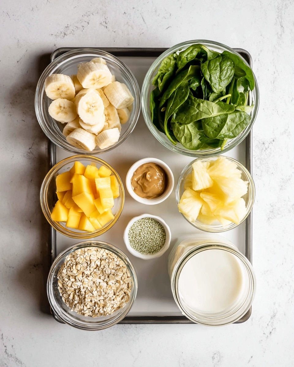 The image shows a dark tray placed on a white marbled surface holding seven small white and clear glass bowls arranged neatly. Starting from the top left, there is a clear glass bowl with peeled, cut banana pieces that are creamy white in color. To the right, a white bowl is filled with fresh spinach leaves, bright green and layered loosely. Below the bananas, a clear glass bowl contains frozen orange mango chunks dusted with frost. Next to it, another clear glass bowl holds frozen light yellow pineapple chunks, also frosty. Below the mango, a small white bowl has dry oats with a rough texture. In the center, a small white bowl contains tiny white and green hemp seeds. To the right of the oats, a small white bowl holds creamy brown almond butter. At the bottom right, there is a glass jar filled with a white liquid, likely milk or plant-based milk, visible from the top. Photo taken with an iphone --ar 4:5 --v 7