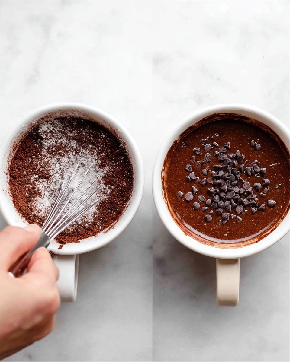 A photo shows two white ceramic mugs on a white marbled surface. The left mug contains dry chocolate cake mix with sugar and cocoa powder, and a woman's hand holding a metal whisk mixing the dry ingredients, the texture is powdery and dark brown with some white spots of sugar. The right mug contains a smooth chocolate batter topped with scattered small dark chocolate chips, the surface looks glossy and slightly wet, filling the mug almost to the top. Photo taken with an iphone --ar 4:5 --v 7