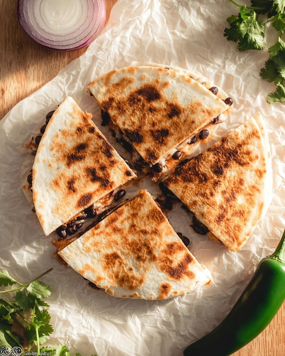 The image shows a quesadilla cut into four triangular pieces arranged in a circle on white crumpled parchment paper, placed on a wooden surface. The quesadilla has a slightly toasted golden-brown outer layer with darker brown spots, revealing black beans and melted cheese peeking from the edges in the middle. To the right of the quesadilla, there is a whole green jalapeño pepper and fresh green coriander leaves. On the top left corner, a partially sliced red onion is visible. The light creates soft shadows, highlighting the textures of the quesadilla and vegetables. Photo taken with an iphone --ar 4:5 --v 7
