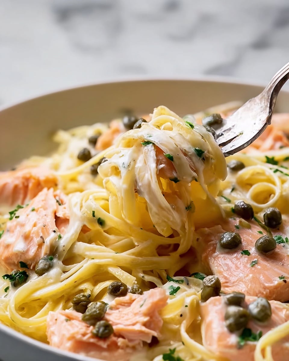 A close-up of a white dish filled with creamy yellow pasta noodles covered in a smooth white sauce. Light pink pieces of cooked salmon are scattered throughout the pasta, creating a nice contrast with the sauce. Small dark green capers are spread over the pasta and salmon, adding texture and color. Chopped green herbs are sprinkled evenly on top. A silver fork lifts a twirl of pasta wrapped around it with a piece of salmon and a caper on the side. The scene is set on a white marbled surface. photo taken with an iphone --ar 4:5 --v 7