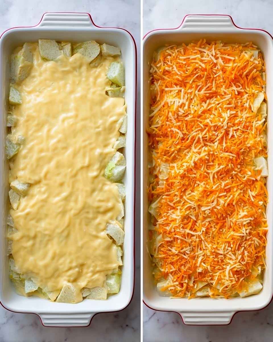 The image shows two white rectangular baking dishes with layers of a dish inside, placed on a white marbled surface. The dish on the left has a bottom layer of light greenish chunks topped by an even layer of smooth, light yellow melted cheese covering the surface. The dish on the right shows a similar white dish with an even layer of shredded orange cheese mixed with some finely grated lighter yellow cheese, spread tightly across the surface. Both dishes have a clean, neat look with clear texture contrasts between soft chunks, smooth melted cheese, and grated cheese strands. photo taken with an iphone --ar 4:5 --v 7