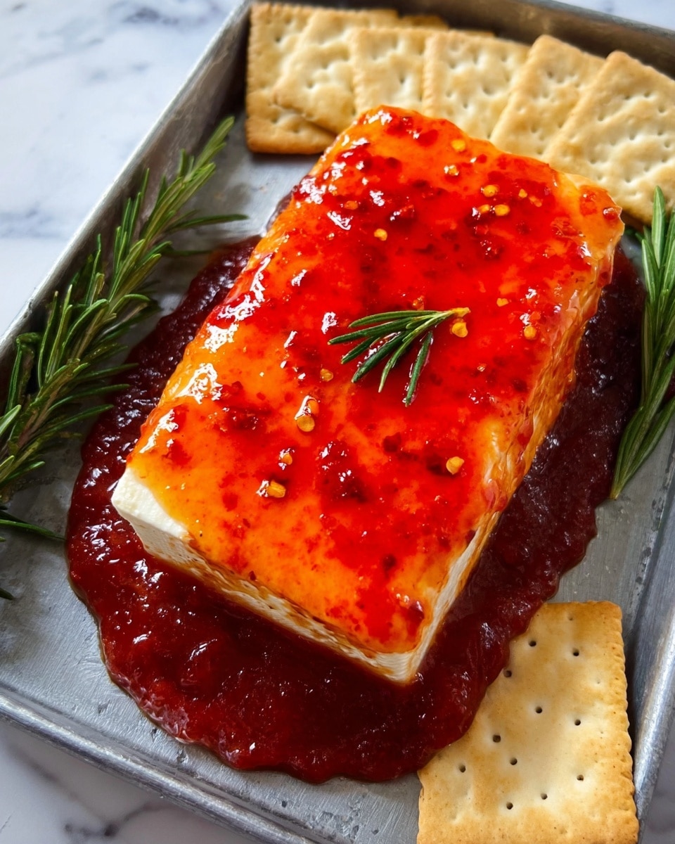 A thick rectangle of white cheese is covered with a bright red, shiny sauce that has small chili flakes on top. Below the cheese, a darker red sauce spreads out on a gray metal tray. Around the tray, there are pale square crackers and two small green sprigs of rosemary. The background is a clean white marbled surface. photo taken with an iphone --ar 4:5 --v 7