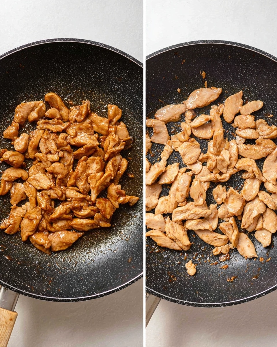 The image shows two black frying pans on a white marbled surface, each containing thinly sliced cooked chicken. The chicken in the left pan is coated in a shiny brown sauce, creating a glossy texture with a rich color. The chicken pieces overlap slightly, filling the pan in a small mound. In the right pan, the chicken pieces are lighter in color, more beige with a matte finish, and are more spread out with some small crumbs scattered around. Both pans have a textured non-stick surface and a round wooden handle partially visible. Photo taken with an iphone --ar 4:5 --v 7