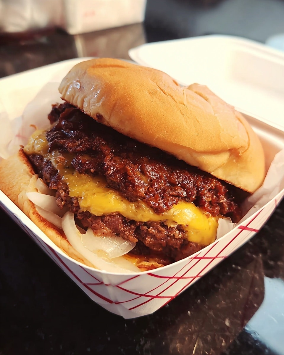 A burger with a soft, lightly golden top bun sits inside a white paper tray with red lines. Beneath the bun are two layers: a slice of yellow cheese and a thick, unevenly textured dark brown patty that looks juicy. Some thin white onion slices peek out from under the patty. The tray rests on a shiny black surface. Photo taken with an iphone --ar 4:5 --v 7
