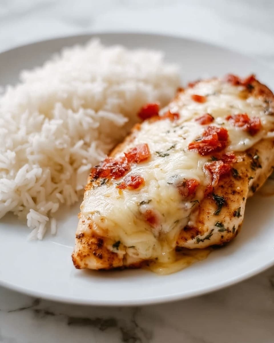 The dish shows one piece of cooked chicken topped with melted cheese and small bits of red sauce, placed on the right side of a white plate. The chicken is golden brown with some green herbs visible inside, and the cheese is creamy white with slightly browned spots, melted evenly over the top. On the left side of the plate, there is a pile of white rice with soft, separated grains. The plate sits on a white marbled surface. photo taken with an iphone --ar 4:5 --v 7