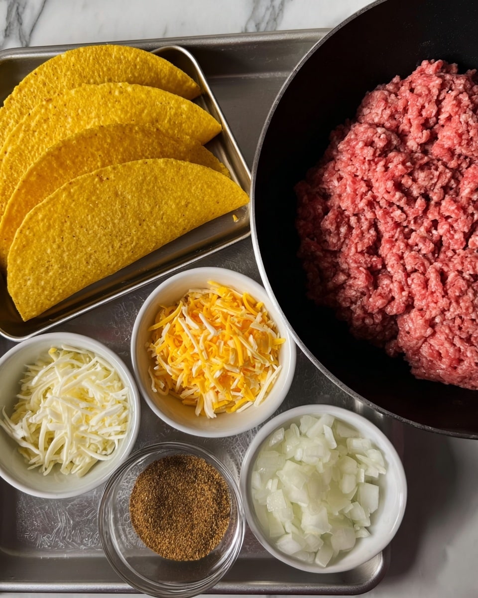 The image shows raw ground meat placed on the right side inside a black pan, with a red and pink color and a soft texture. On the left, there is a silver tray holding three small white bowls: one with finely chopped white onions, one with a mix of shredded yellow and white cheese, and one with brown seasoning powder. Above these bowls, there are two yellow taco shells resting flat inside the tray. All items are arranged on a white marbled surface. Photo taken with an iphone --ar 4:5 --v 7