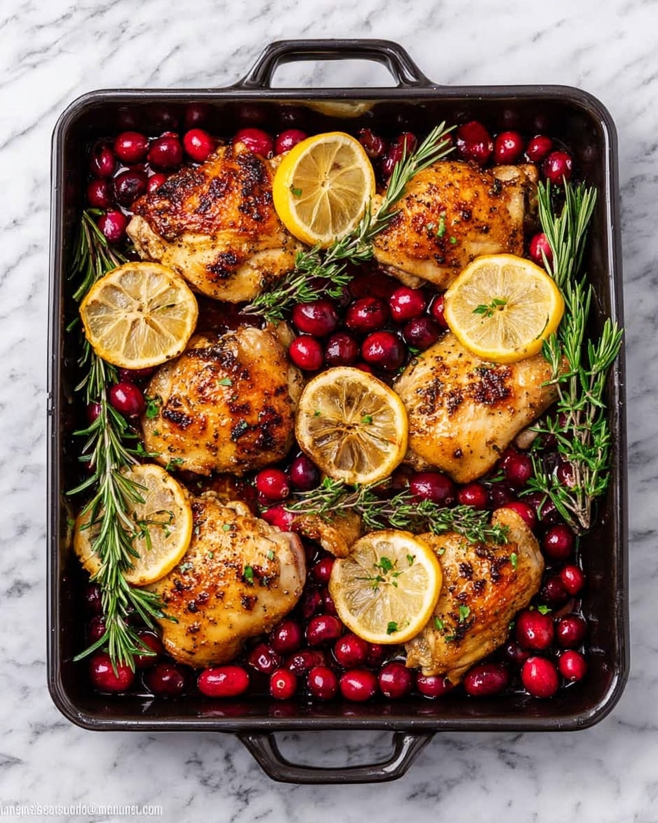 A black rectangular pan filled with seven browned cooked chicken pieces arranged evenly, with bright red cranberries scattered all over and between them. There are three lemon halves, two placed on the left and one on the right side of the pan, showing a yellow color with browned edges. Green rosemary sprigs are placed on top of the chicken and cranberries, adding a fresh look. The pan is set on a white marbled surface photo taken with an iphone --ar 4:5 --v 7