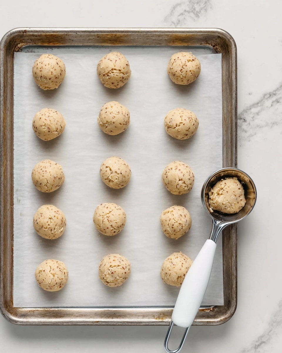 The image shows a metal baking tray lined with white parchment paper on a white marbled surface. On the paper, there are 17 small round balls of cookie dough, evenly spaced in four rows, with a light beige color speckled with small darker bits. On the right side of the tray, a silver cookie scoop holds an extra portion of dough, with a white handle visible. The overall scene is bright and clean. photo taken with an iphone --ar 4:5 --v 7