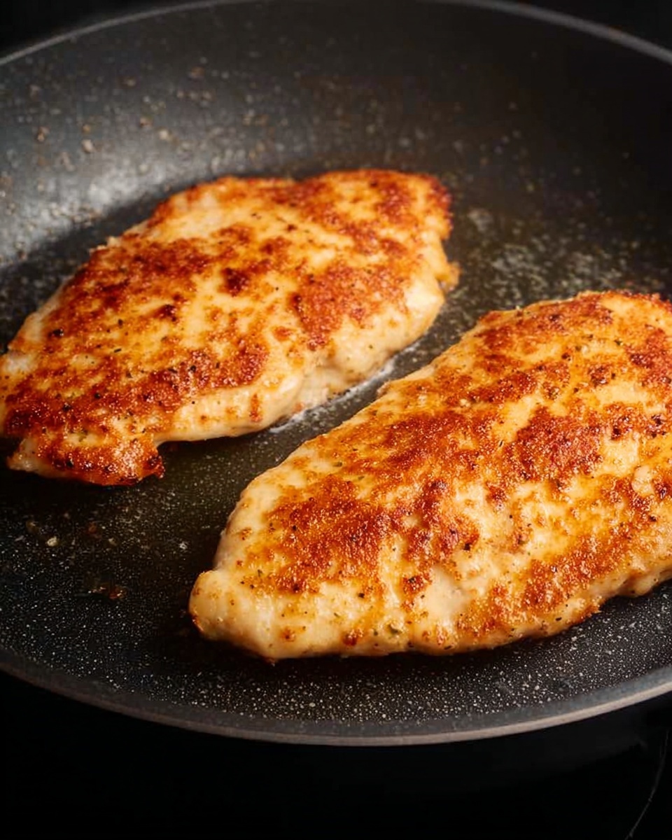 The image shows two pieces of cooked chicken placed side by side in a dark frying pan. Each piece has a golden-brown, crispy texture with small darker spots indicating searing. The chicken appears tender and well-seasoned, with a slightly uneven surface. The pan has a smooth, non-stick coating and a subtle sheen of oil around the chicken. Photo taken with an iphone --ar 4:5 --v 7