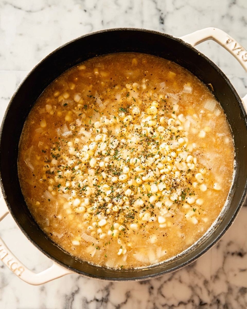 A close-up top view of a black pot with white handles filled with a thick soup. The soup has two main layers: the bottom layer is a light brown broth with visible small chopped onions and herbs floating throughout, creating a slightly textured look. The top layer has a generous amount of pale yellow corn kernels scattered across the surface with fine black pepper and green herb flakes sprinkled over everything. The pot is placed on a white marbled surface. photo taken with an iphone --ar 4:5 --v 7