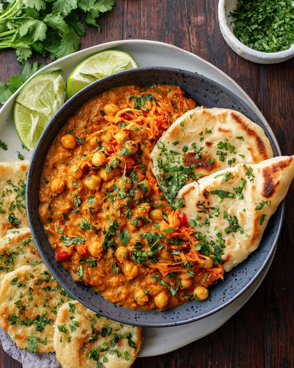 A black pan with a yellow handle holds a thick, creamy orange curry filled with chickpeas and shredded pieces, topped with green cilantro leaves and sliced green chili peppers. A piece of round flatbread with green herbs rests dipped on the right side of the curry, showing a soft, slightly toasted texture. Behind the pan, a white plate with several pieces of flatbread sprinkled with green herbs sits on a white marbled surface, with a small white bowl of chopped green herbs nearby. Soft natural light casts shadows across the scene. Photo taken with an iphone --ar 4:5 --v 7
