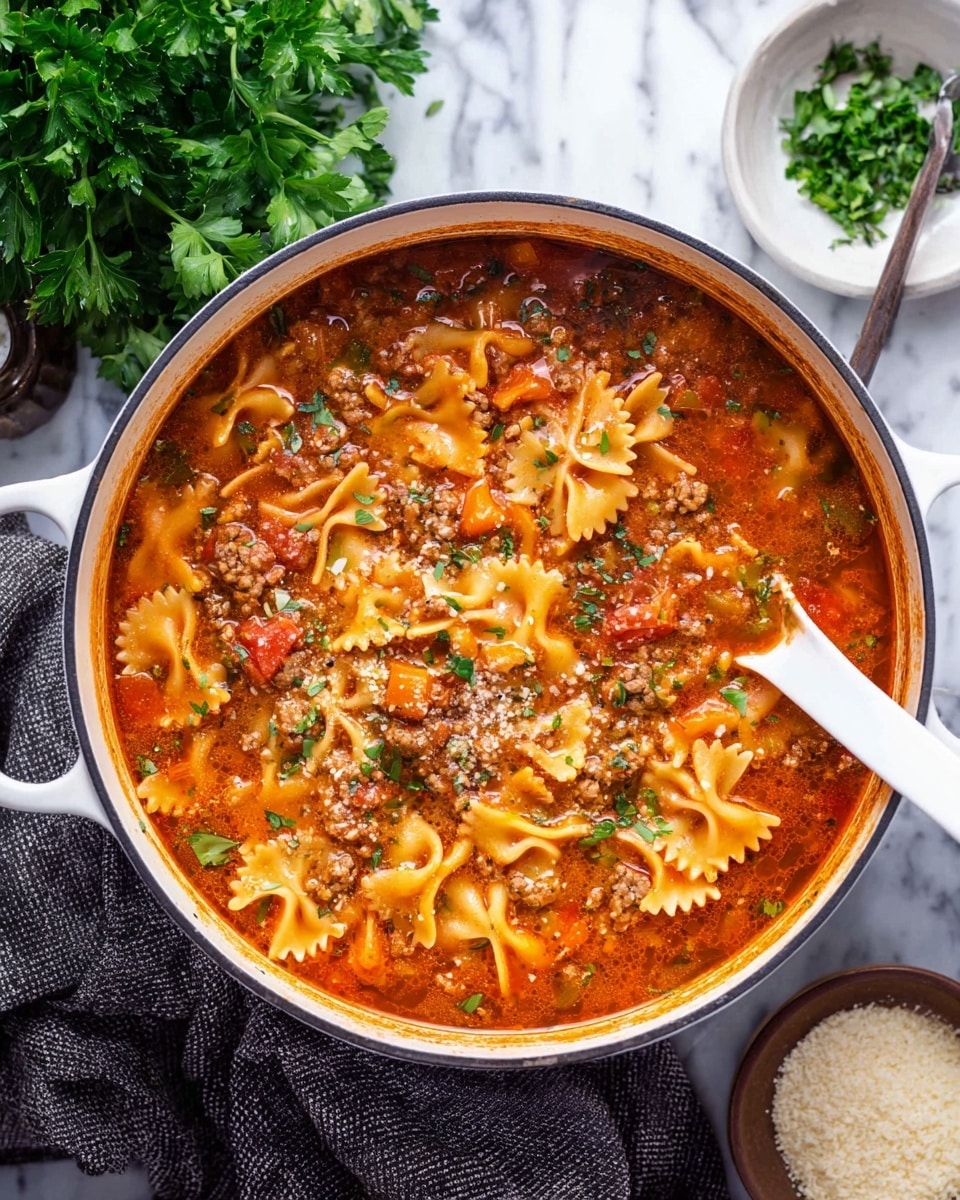 The image shows a white pot filled with a rich, red-orange soup mixed with farfalle pasta pieces, ground meat, and small chunks of tomatoes. The soup has visible green bits of herbs sprinkled throughout, adding texture and a fresh look. A white ladle is partially submerged in the soup on the right side of the pot. Around the pot, there is a bunch of green parsley on the top left, a small white plate with chopped herbs on the top right, and a small brown bowl of grated cheese with a spoon on the bottom right. The pot rests on a white marbled surface with a dark gray cloth napkin under the handle on the bottom left. Photo taken with an iphone --ar 4:5 --v 7