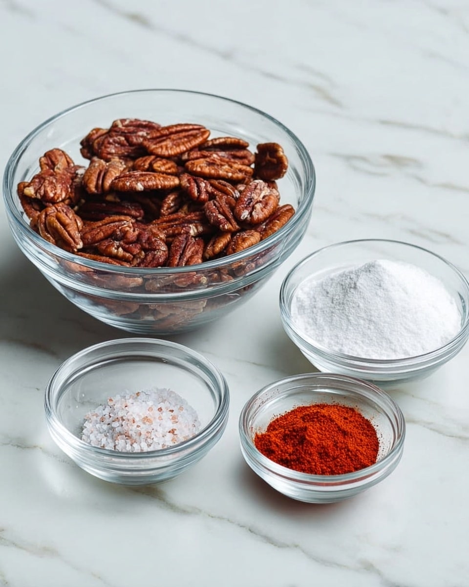 The image shows four clear glass bowls placed on a white marbled surface. The largest bowl at the back is filled with whole pecan nuts, rich brown in color and textured. To its right is a medium bowl filled with white powdered sugar, soft and fine in texture. In front of these two bowls are two smaller bowls; the one on the left holds coarse salt, white and crystalline, and the one on the right contains red chili powder, bright and smooth. The bowls are neatly arranged and the setting looks clean and organized. Photo taken with an iphone --ar 4:5 --v 7
