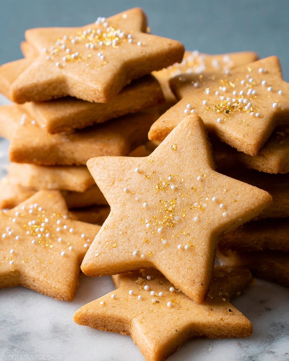 The image shows a pile of star-shaped cookies with a light golden brown color and a slightly rough texture. Each cookie has golden and white small sugar sprinkles scattered on top, adding a sparkling effect. The cookies are stacked in a way that some are fully visible while others are partially covered, creating layers of star shapes overlapping each other on a white marbled surface. The overall look is simple, warm, and inviting, with soft lighting highlighting the texture and color of the cookies photo taken with an iphone --ar 4:5 --v 7