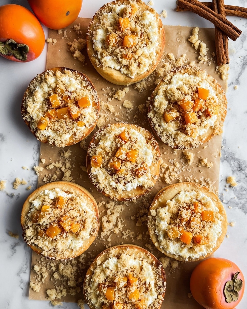 Six round pastries are arranged on parchment paper over a white marbled surface, each with three layers visible: a golden-brown baked dough base, a middle layer of white crumbly cheese or cream, and a top layer with small orange cubed fruit pieces surrounded by a light beige crumb topping. Crumbs are scattered around the pastries, adding texture. There are two whole orange persimmons and several cinnamon sticks placed near the pastries, enhancing the warm autumn feel. The scene is lit softly, showing the crust's slight shine and the crumbly texture of the topping. photo taken with an iphone --ar 4:5 --v 7