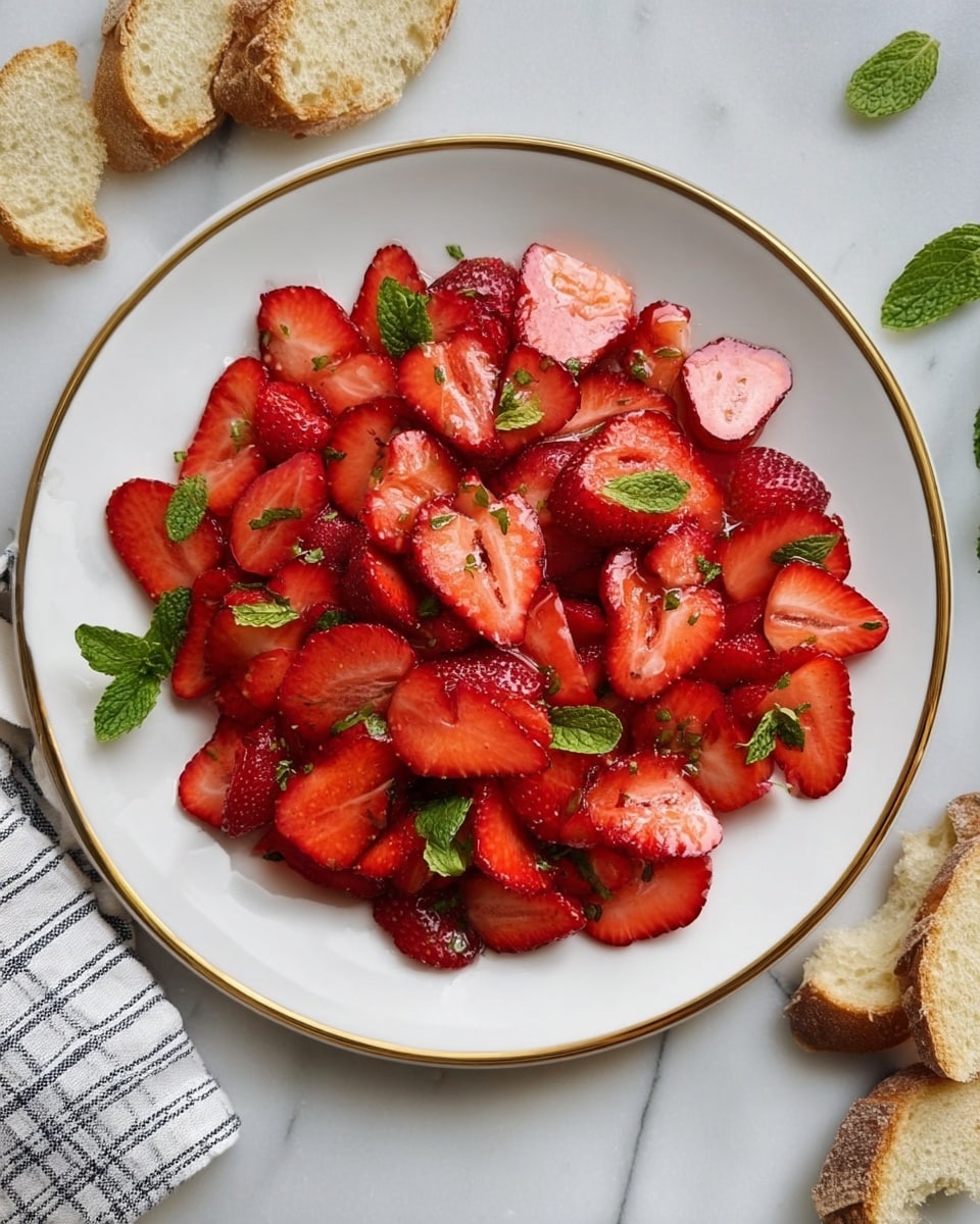 A white plate with a gold rim holds a single layer of bright red, thinly sliced strawberries spread evenly, with small fresh green mint leaves scattered on top. Around the plate on a white marbled surface, there are pieces of torn bread and a striped cloth napkin on the top left corner. The strawberries show juicy, smooth textures with a few visible seeds, creating a fresh and colorful look. photo taken with an iphone --ar 4:5 --v 7