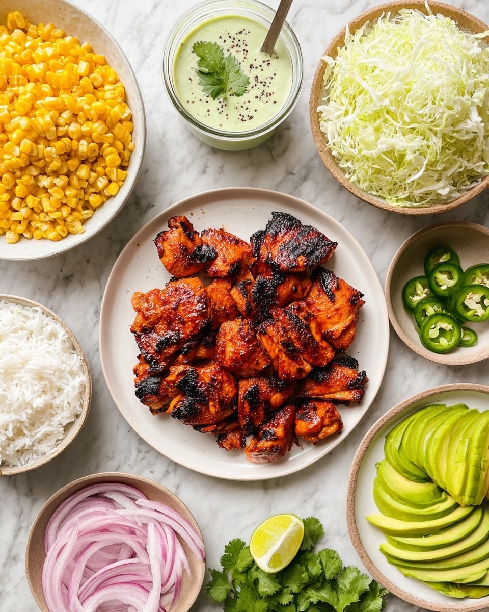 A white plate at the center is filled with bright reddish-brown grilled chicken pieces with some charred edges, showing a juicy texture. Above it to the left, a white plate holds small, vibrant yellow corn kernels with a shiny surface. To the right of the chicken, a white bowl is full of fluffy white rice. Below the chicken plate, a bowl contains finely shredded light green cabbage. To the bottom right, a white plate holds neatly sliced bright green avocado arranged in overlapping layers. At the bottom left, a small white bowl is filled with thinly sliced pink pickled onions. To the left of the chicken, a glass jar with a spoon holds a light green creamy sauce topped with a single cilantro leaf and black pepper. On the right side, there is a white plate with fresh green cilantro leaves and lime wedges, with sliced jalapeño rings on the white marbled surface around it. The background is a white marbled texture. photo taken with an iphone --ar 4:5 --v 7