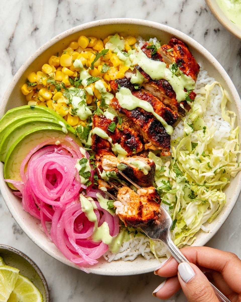 This dish is in a white bowl with a white marbled background. The bottom layer is soft white rice covering most of the bowl. On one side, there is a pile of thin pink pickled onions with a slightly shiny texture. Next to the onions, there are thin green cucumber slices. On the opposite side, there are bright yellow corn kernels, some whole and some cut from the cob. Behind the corn, there is a small heap of pale shredded cabbage. The main layer on top is glossy, juicy grilled pieces of brown chicken with dark edges and a glazed look. Over the chicken and some of the other ingredients, a light green creamy sauce is drizzled, and small green herb pieces are sprinkled on top. The overall look is fresh, colorful, and layered. Photo taken with an iphone --ar 4:5 --v 7