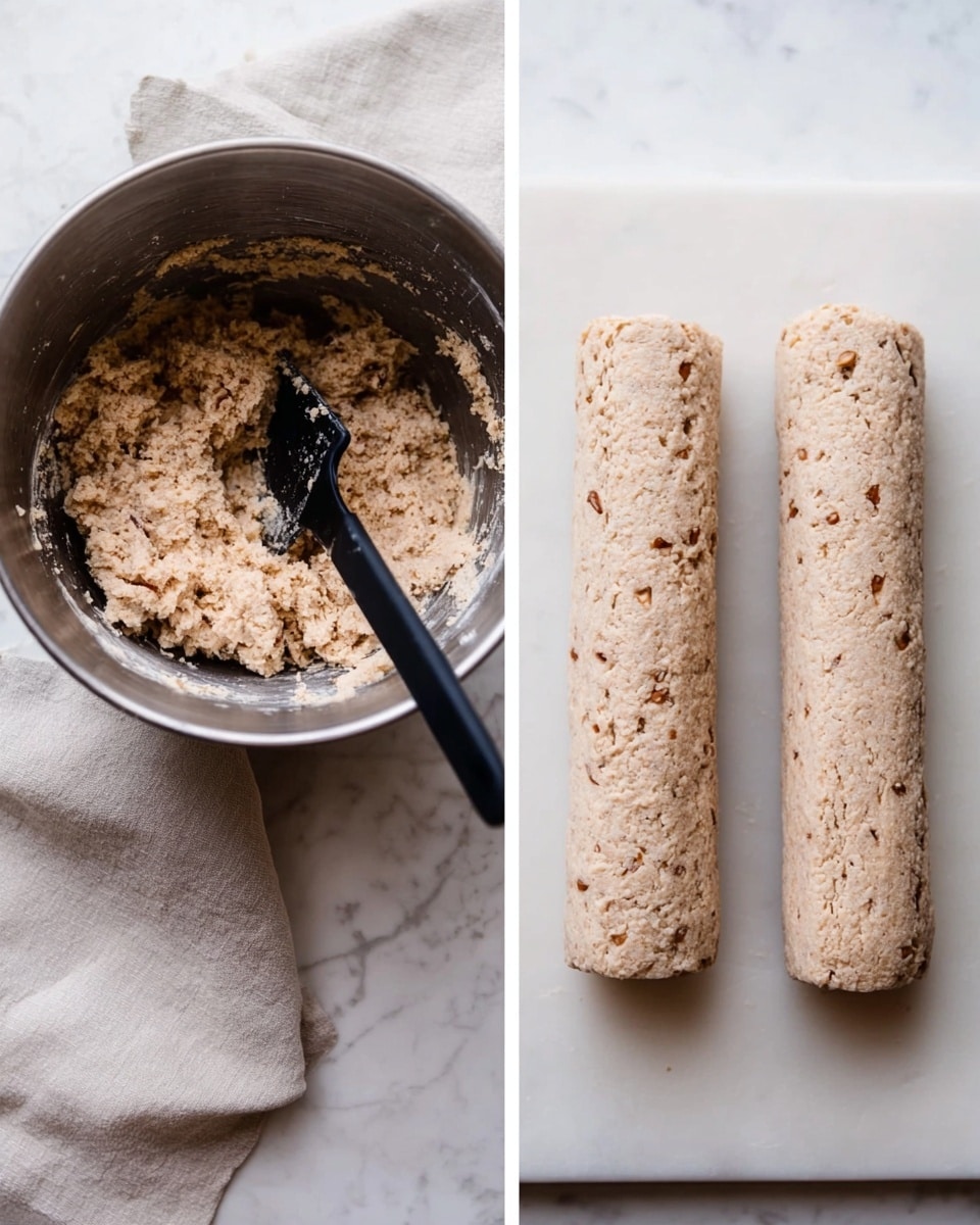 The image shows two side-by-side scenes on a white marbled surface with a light cloth draped in the top corner. On the left is a metal mixing bowl filled with beige dough that has small brown nut pieces mixed in, with a black spatula resting inside. On the right are two even, rough-textured dough logs placed parallel on the white marbled surface, also showing specks of the nuts within. The overall colors are soft beige and light brown, with the metal bowl providing a shiny gray contrast. photo taken with an iphone --ar 4:5 --v 7