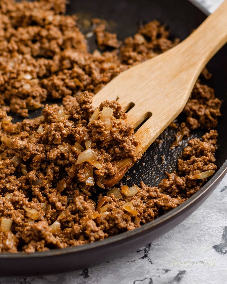 A close-up view of a black pan filled with browned ground meat mixed with small pieces of cooked onions, showing a soft, crumbly texture. A wooden spatula is lifting some of the mixture in the center of the image, with the background and surface showing a white marbled texture. The colors are mainly brown with slight beige from the onions, and the wooden spatula has a light natural color. Photo taken with an iphone --ar 4:5 --v 7