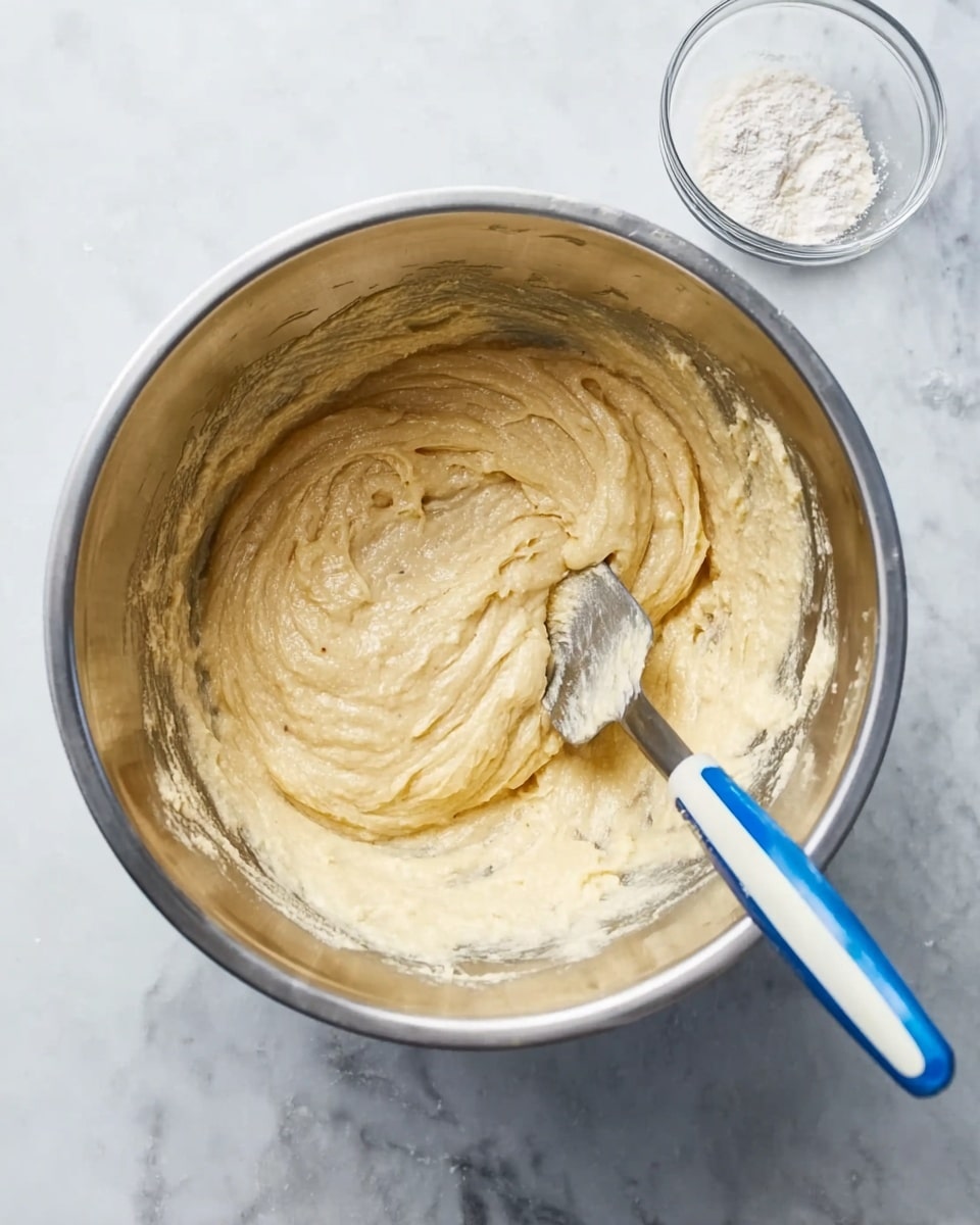A top view of a large shiny metal mixing bowl with thick light beige batter inside. The batter shows a mix of smooth and slightly lumpy textures with a swirled pattern on top, where a blue and white spatula is partially inserted on the right side. The spatula handle is metal and rests inside the bowl. The bowl is placed on a white marbled surface. To the upper right of the bowl, there is a small clear glass bowl with a small amount of white powder inside. photo taken with an iphone --ar 4:5 --v 7
