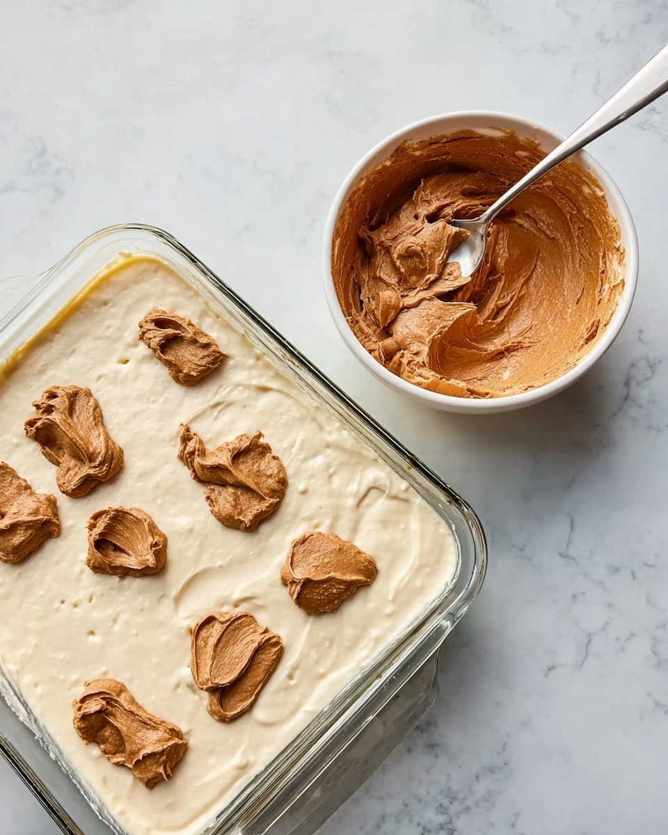 The image shows a clear glass baking dish filled with a smooth, light cream-colored batter. On top of the batter, there are several dollops of thick, brown paste spread unevenly in different spots. Next to the baking dish, there is a white glass bowl containing more of the brown paste with a shiny spoon resting inside. The whole scene is set on a white marbled surface. photo taken with an iphone --ar 4:5 --v 7