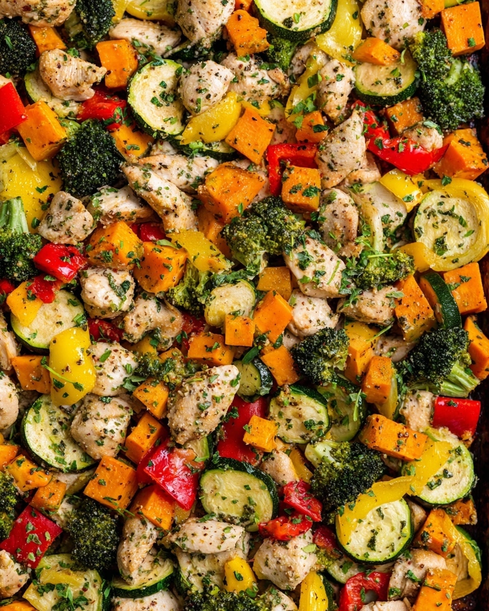 A close-up view of a mixed dish of chopped cooked chicken pieces and colorful vegetables spread out evenly in one layer, featuring bright orange sweet potato cubes, green broccoli florets, red bell pepper chunks, yellow squash slices, and green zucchini slices, all sprinkled with green herbs and seasoning bits on top. The texture shows a mix of soft chicken and slightly crisp vegetables with a light coating of seasoning. The entire scene is set against a white marbled texture. photo taken with an iphone --ar 4:5 --v 7
